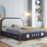 Navy-white kids bed with space theme; cute beds and kids bedroom furniture; double size frame